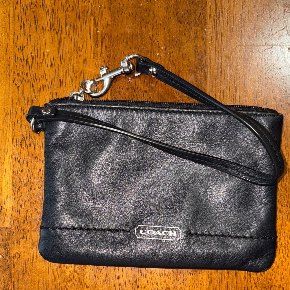 Coach Black Leather Wristlet with Silver Accents